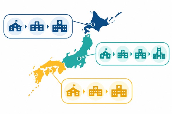日本地図の地域ごとに、入試で評定を使う学年の数が3学年・4学年などと異なることを校舎アイコンで示した図解
