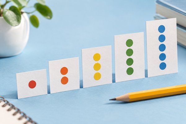 点数の記録カードが左から右へ階段状に高くなるように並び、色付きの丸シールで変化を示している写真