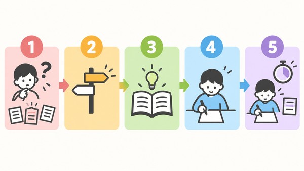 一問を選ぶ・最初に止まった場所を探す・例題まで戻る・白紙から解く・翌日に時間を測って類題を解くという5ステップを左から順に並べた図解