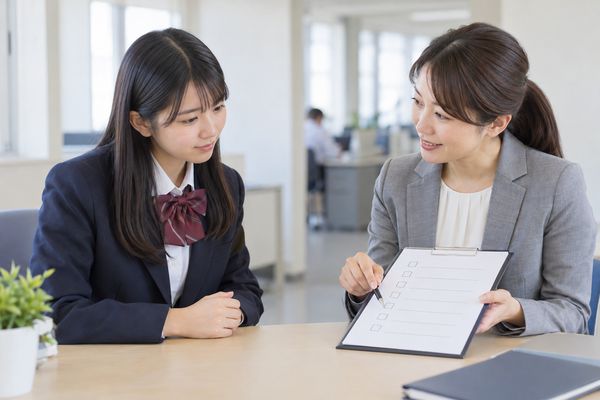 学校の相談スペースで、単位認定の条件が並んだ用紙を先生に説明してもらう制服姿の高校3年生