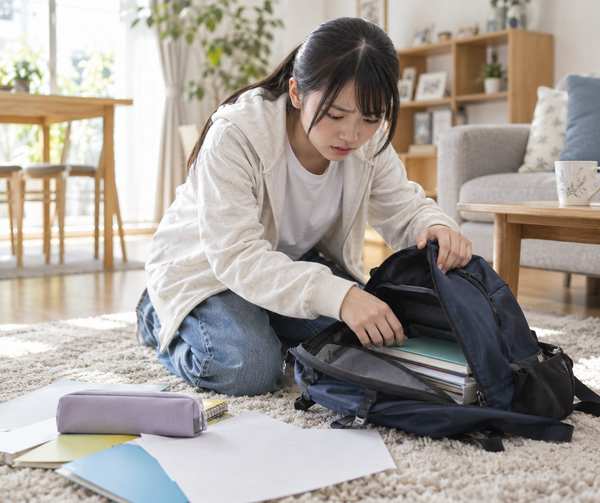 家のリビングでリュックの中を探し提出物を見つけられずにいる中学生