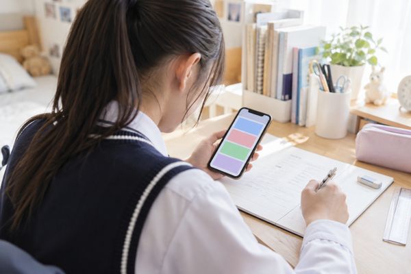 自室でスマートフォンの答えを見ながら、考えずに宿題のワークへ写している制服姿の高校生