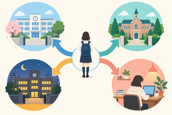 公立全日制・私立・定時制・通信制の4つの入試ルートに分かれる図