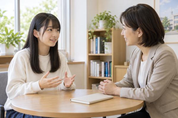 個人面接で、なぜこの学校で学び直したいのかを自分の言葉で話している中学生と、聞き取る学校の先生