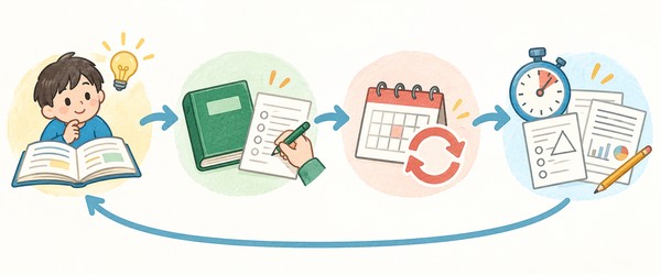 理解する・自力で解く・間隔を空けて再テスト・時間内に解くの4段階が循環する図解