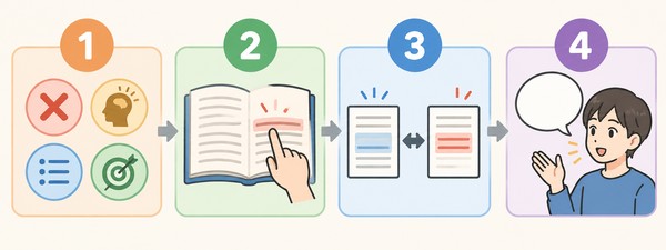 失点の分類・傍線部の一文へ戻る・正解と誤答の違いに印・自分の言葉で説明の4手順を左から並べた図解