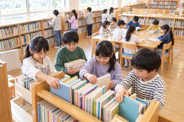 小学校の図書室で、クラスの中の図書委員の子どもたちが本を書架に整えている様子