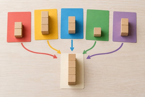 五教科を表す5色のカードに高さの違う積み木が載り、それぞれが1つの合計へ向かう様子を表した写真