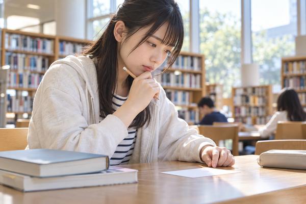 図書館で教科書を閉じ、白紙のカードに思い出しながら書こうとしている高校生