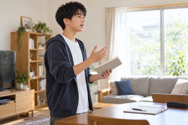 参考書を閉じたまま手に持ち、覚えた句法を声に出して確かめている高校生