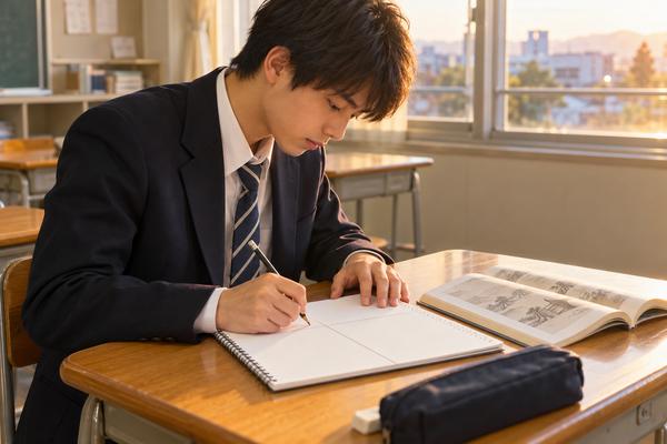 開いた漢文の本の横で、ノートに句法の形と書き下しと訳を一か所にまとめて書いている高校生