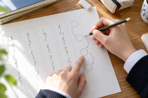 漢文の問題用紙の横に読む順番の丸数字と戻る弧を鉛筆で書き込み、指でたどっている手元