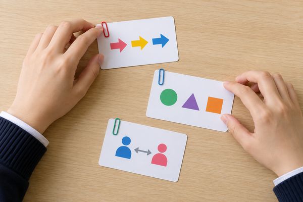 読む順番・句形の目印・人物関係の3つを表す記号カードを、色クリップで分けて確認している手元