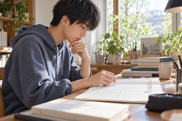 自宅の窓辺で白文のプリントに付箋を貼り、語順や句法を確かめる高校生