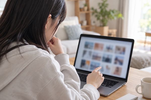 自宅のノートパソコンで出所の分からない問題画像の検索結果を見て迷う高校生