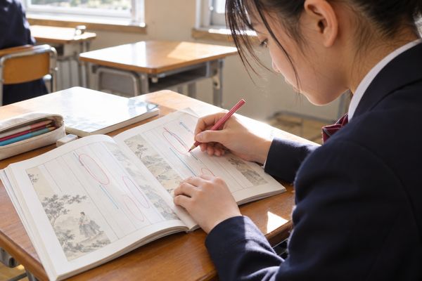 色鉛筆で古典の本文を意味のまとまりごとに囲む高校生