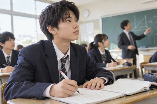 明るい教室で授業を受ける制服姿の高校生が、分からなかった一行にノートの上から小さな色の印を付けている様子