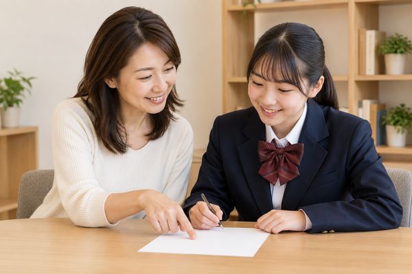 明るい相談スペースで、保護者と制服姿の中学生が一枚の振り返りシートを一緒に確認している写真