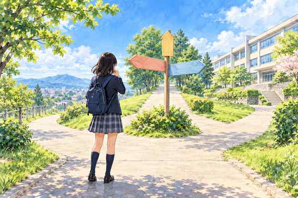 三方向に分かれた道の標識の前に立ち、進む道を選ぼうとしている制服の高校生