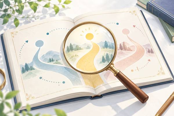 開いた本の上に虫眼鏡が置かれ、分かれ道のある地図が描かれているイラスト