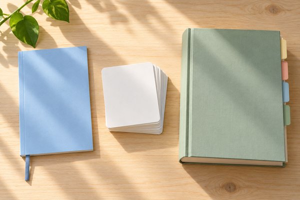 厚さも作りも違う三冊の本と薄いノートを机に並べ、目的別に見比べている様子