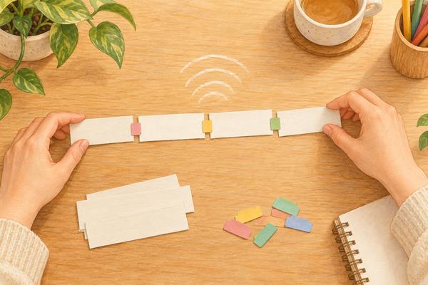 紙片をつなぎ合わせて一文にし、間に助詞の色札を足して書き下し文を作り、声に出して確かめる様子のイラスト