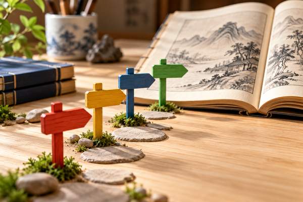 色の違う4本の道標と開いた漢文の本。使・令・教・遣という4つの目印を表す