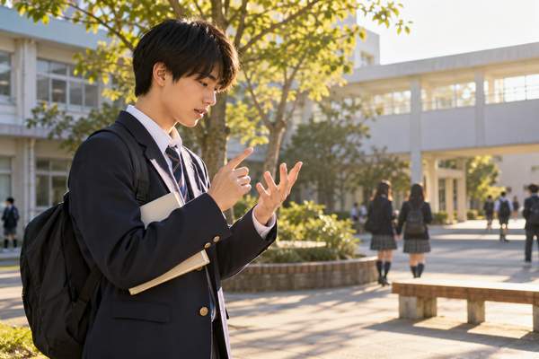 放課後の校庭で教科書を閉じ、指を折りながら漢文の読む順番を暗唱する高校生