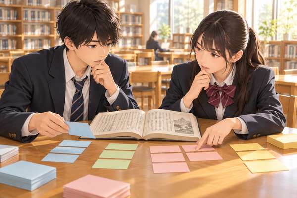 図書室で付箋を色分けしながら部分否定の代表形を整理する高校生2人
