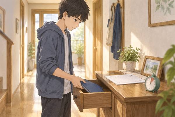 解答冊子を引き出しにしまい、時計と問題用紙を前に自力で解き始める中学生のイラスト