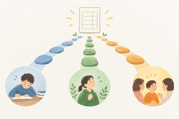3つの色の道が1枚の通知表へ向かって集まる、3観点から評定が決まることを表したイラスト