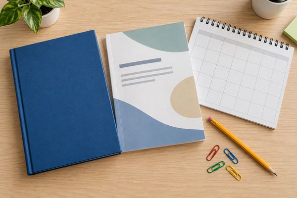 生徒手帳と学習の手引き、予定表を机にそろえて確認の準備をしている