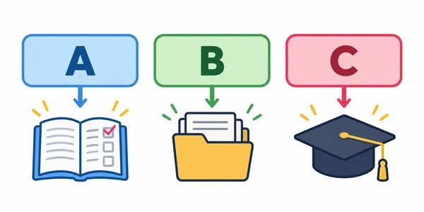 科目をA入試と重なる・B評定と出願に関わる・C卒業条件を守るの3つの箱に分ける図