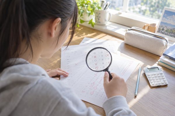 自宅の窓辺で虫眼鏡を使い、返ってきた答案のどこで間違えたかを見直す生徒
