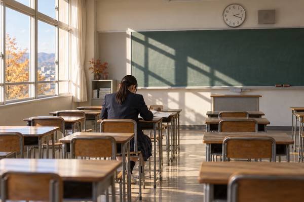 秋の教室で一人、時間を測って過去問に取り組む高校3年生