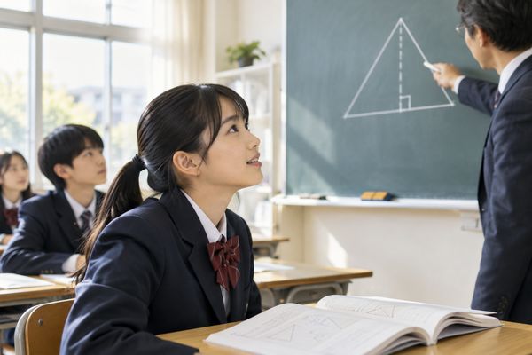 黒板に書かれた図を説明する先生へ顔を上げ、知っている単元の別の考え方に気づく制服の中学生