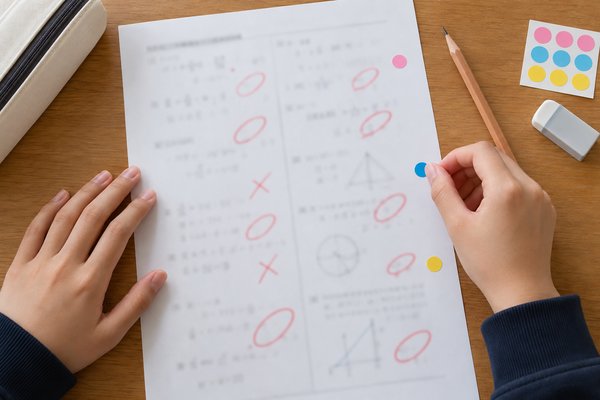 返却された答案の間違えた問題に、ピンク・青・黄の3色の丸シールを貼って失点を分類している中学生の手元