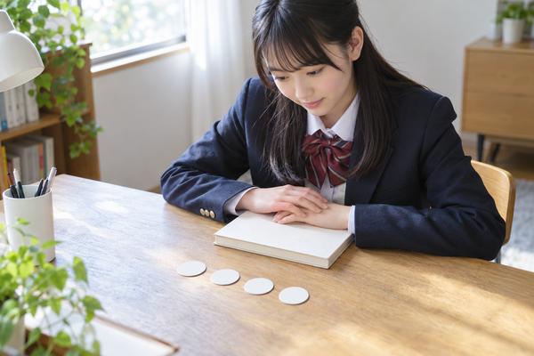 参考書を伏せて手を置き、卒業チェックの4項目を思い出せるか確かめている制服の高校生