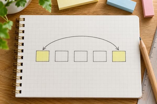 ノートに並べた四角のうち、離れた二つを大きな弧の矢印で結んで対応を示した図