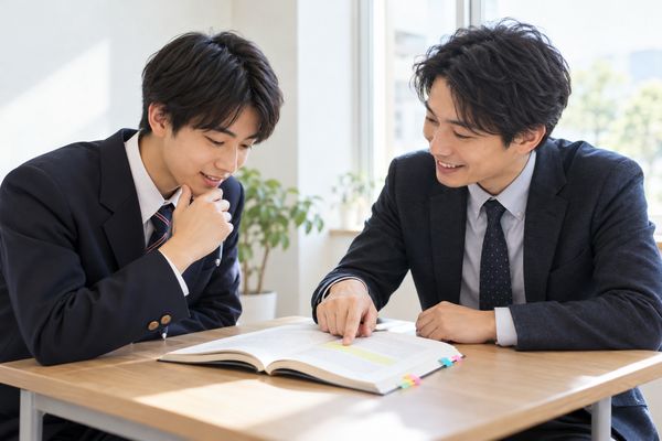 高校生と講師が机をはさんで、線を引いた一文の語句と句法の意味を一緒に確認している様子