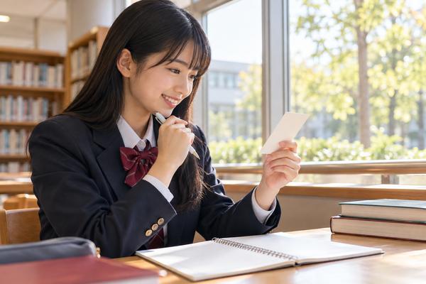 図書室の窓辺で、例文カードとノートを見比べながら書き下し文を確かめる高校生