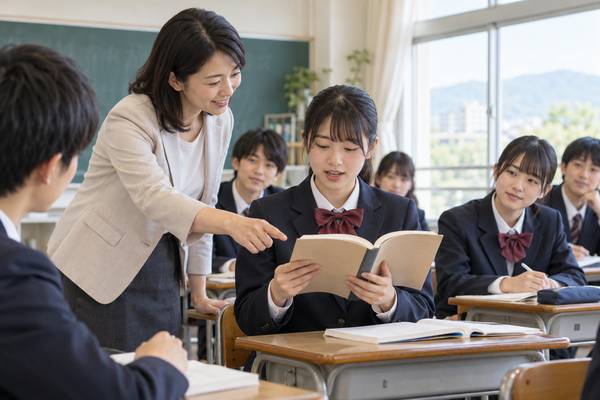 国語の教室で、教師の指示を受けて生徒たちが本を開いている場面。使役の「AをしてBしむ」を表す