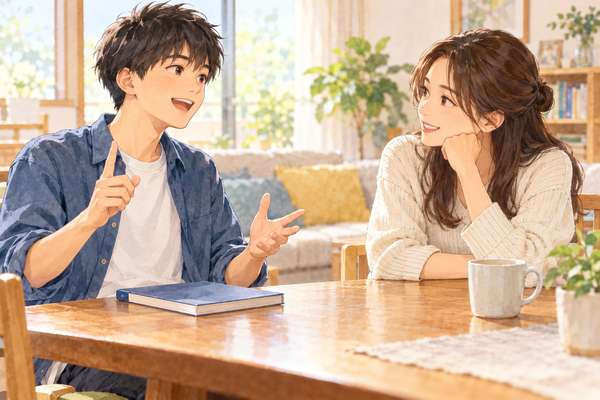 本を閉じたまま解答の根拠を姉に説明する高校生