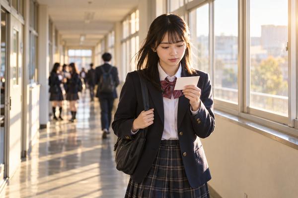 校舎の廊下でカードを見ながら読みを口ずさむ高校生