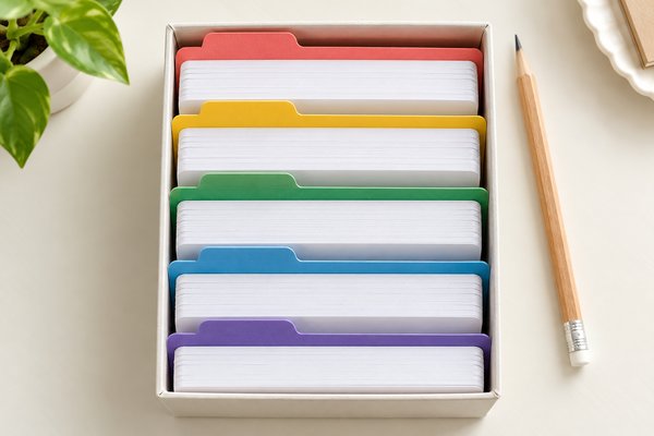 色分けした仕切りでカードを6つのまとまりに分け、漢文の句法を意味ごとに整理した机の上