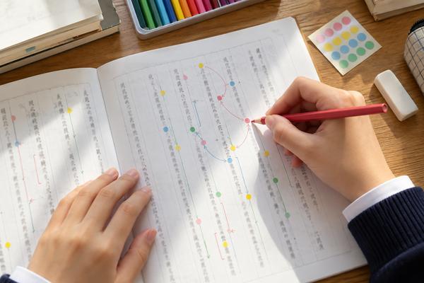 漢文の本文に色ペンで印を付け、疑問詞と文末助字の手掛かりを拾っている高校生の手元