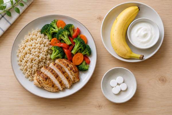 主食を含む食事、バナナとヨーグルトの間食、小皿に出した少量のブドウ糖タブレットを並べた俯瞰