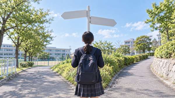 制服姿の中学生が、晴れた通学路の分かれ道で二方向を指す標識を見上げている後ろ姿