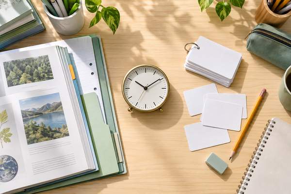 明るい机の上で、学校の教科書と課題ファイル、受験用の単語カードと鉛筆が左右に並び、中央に置かれた時計がその二つをつないでいる様子