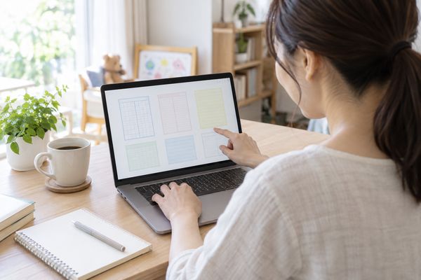 自宅の机でノートパソコンに並んだ複数の表のテンプレート候補を見比べ、どれを使うか選んでいる保護者の写真